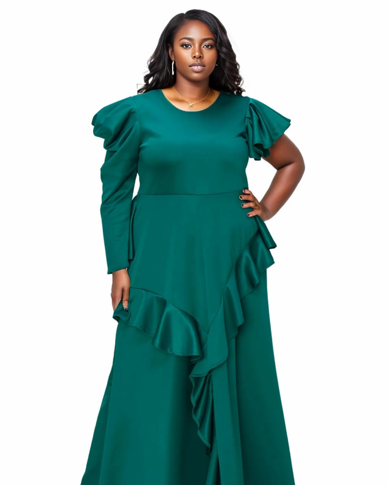 Front of a model wearing a size 3X Vivienne Ruffled Maxi Dress in Green by L I V D. | dia_product_style_image_id:323872